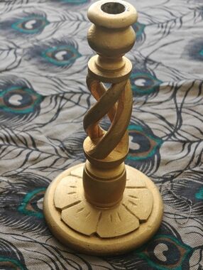 vintage gold-painted barley twist candle holder 8.75" Carved